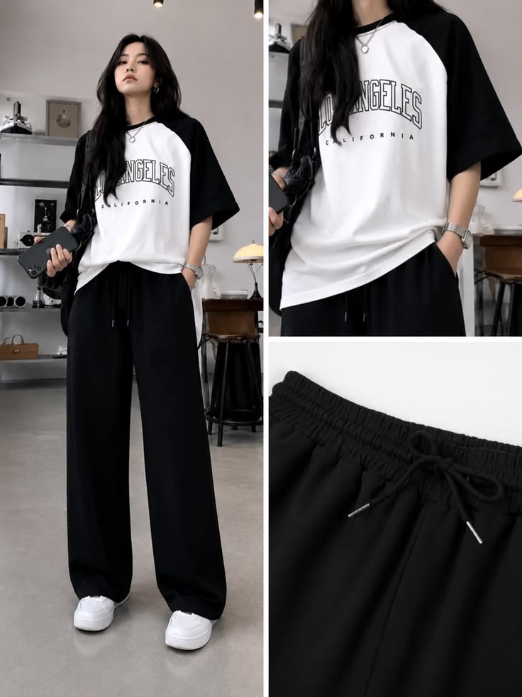 Women’s Los Angeles 2 Piece Summer Tracksuit – Printed Oversized T-Shirt & Wide Leg Pants | Stylish Casual Streetwear Outfit