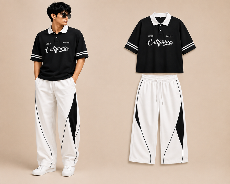 Men’s California Polo Tracksuit Set – Black & White Casual Sports Wear 2 Piece Outfit