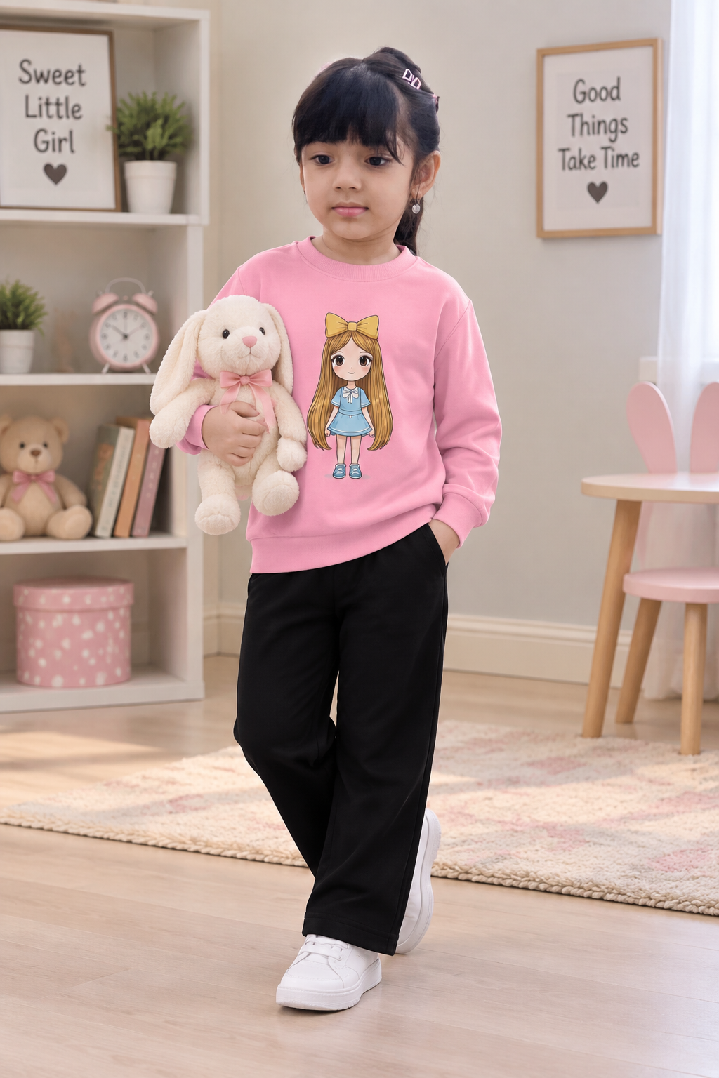 Girls Premium Pink Cartoon Fleece Tracksuit | Winter Collection