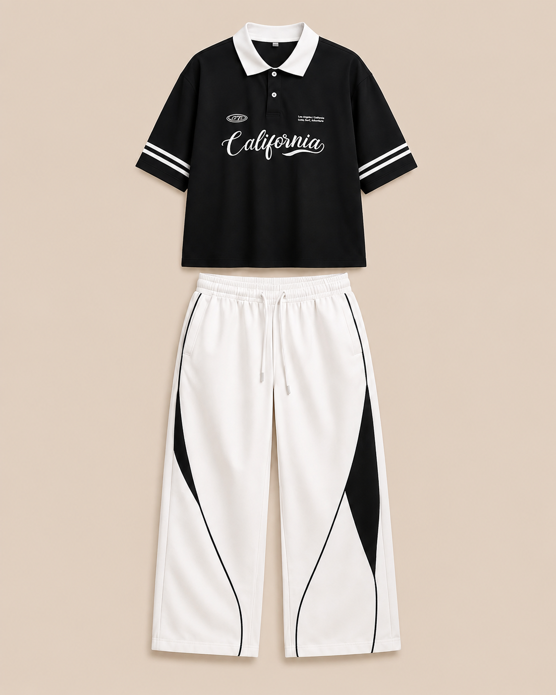 Men’s California Polo Tracksuit Set – Black & White Casual Sports Wear 2 Piece Outfit