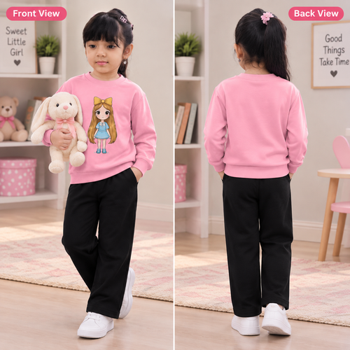 Girls Premium Pink Cartoon Fleece Tracksuit | Winter Collection