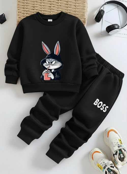 2 pcs “Cool Bunny Boss” Kids Tracksuit – Winter Casual Sweatshirt & Joggers Set
