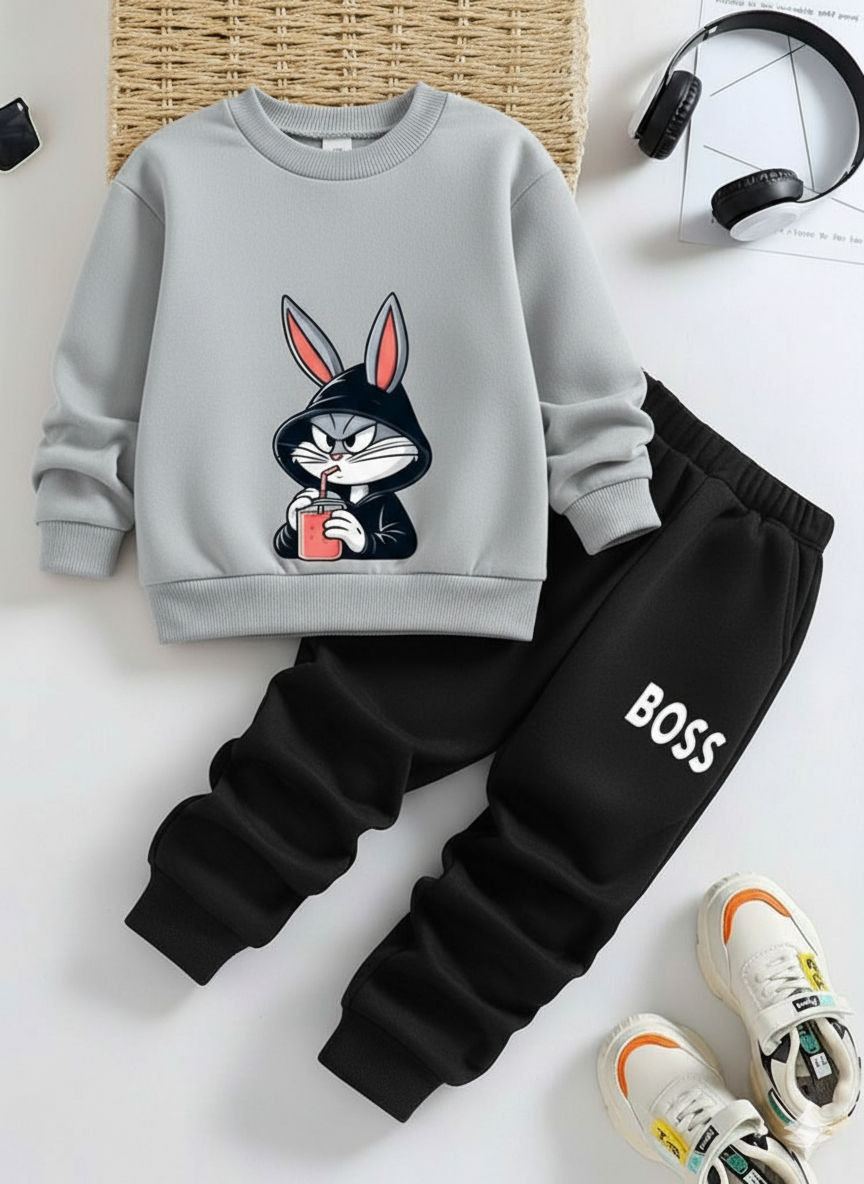 2 pcs “Cool Bunny Boss” Kids Tracksuit – Winter Casual Sweatshirt & Joggers Set