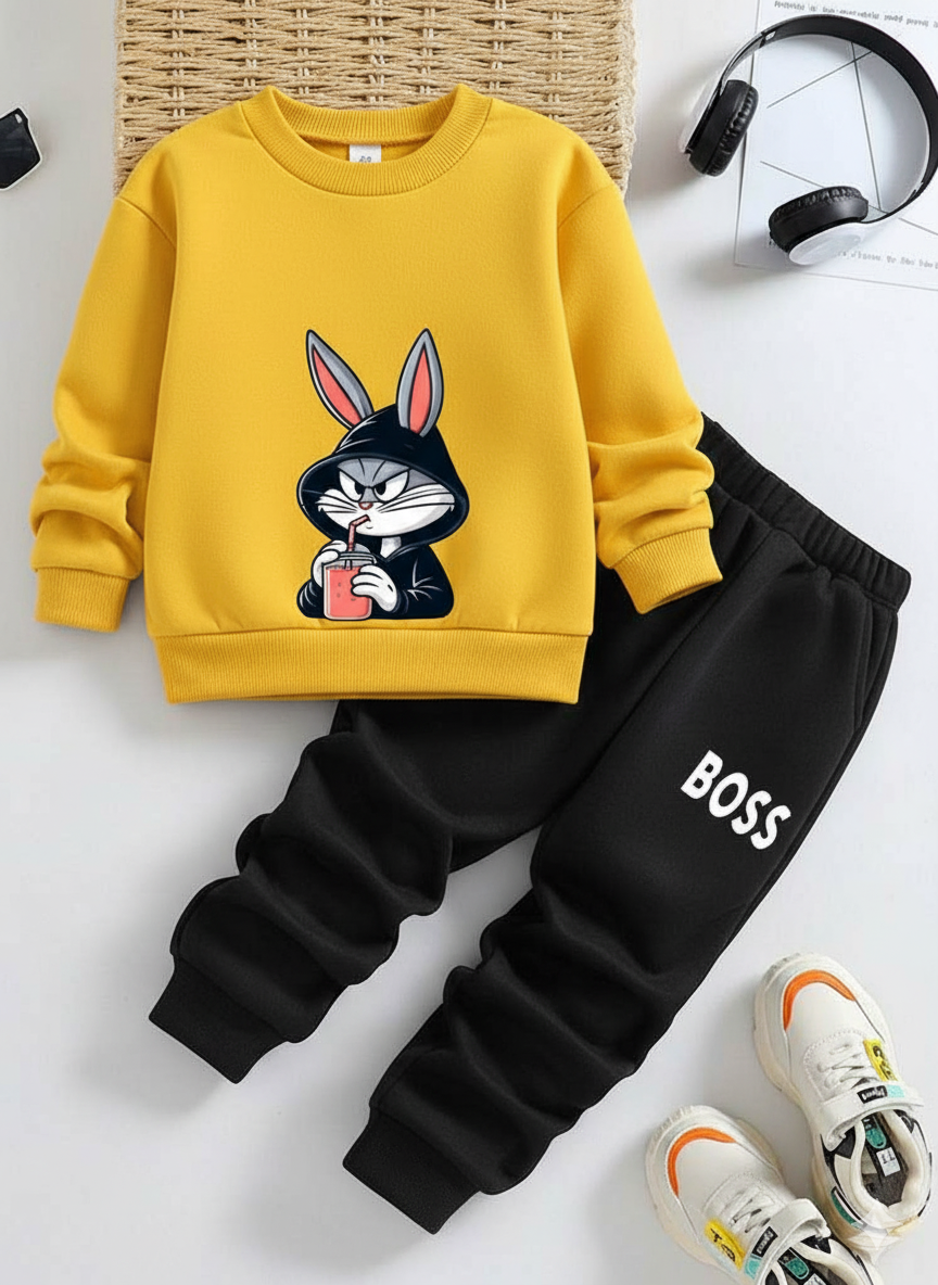 2 pcs “Cool Bunny Boss” Kids Tracksuit – Winter Casual Sweatshirt & Joggers Set