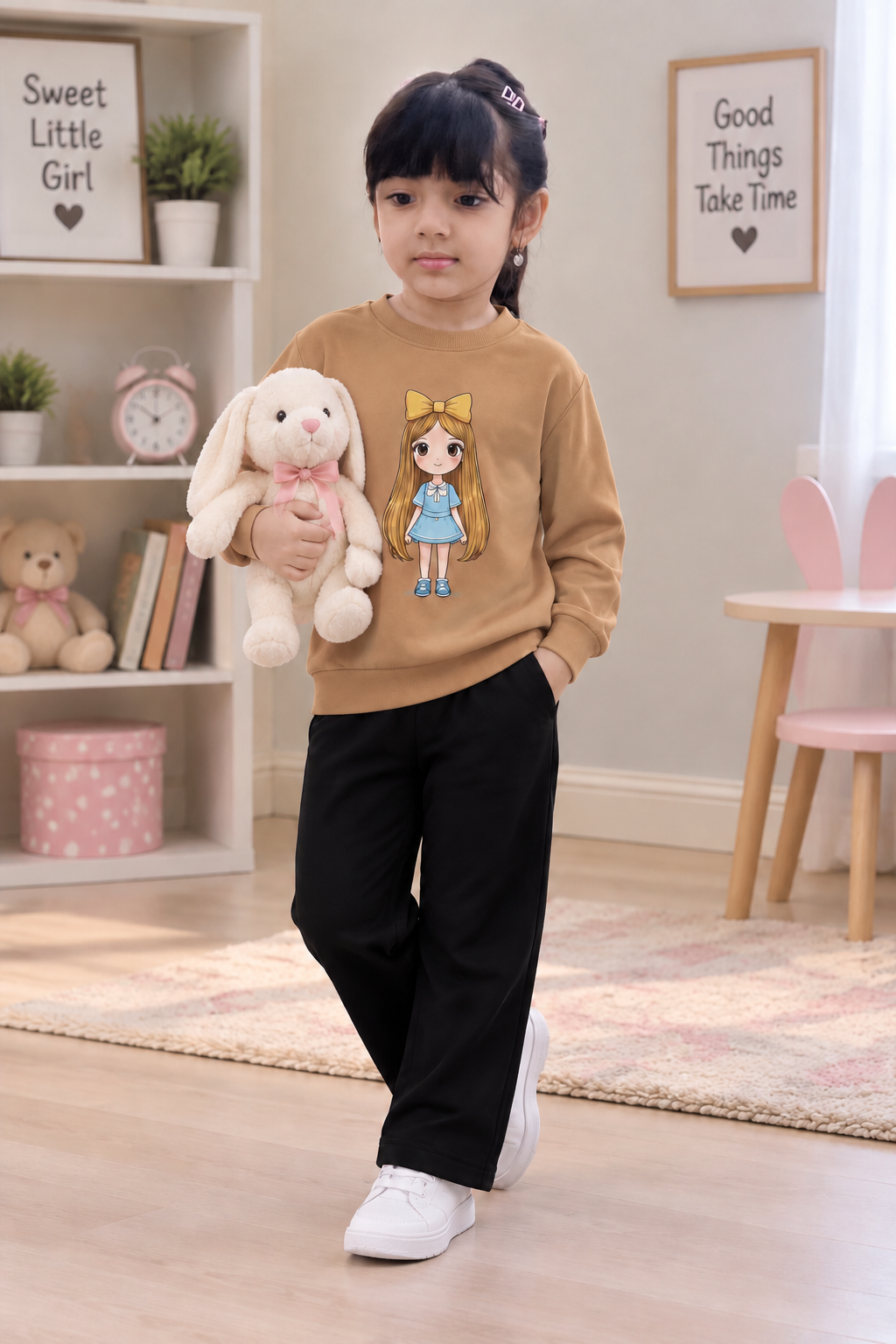 Girls Premium Pink Cartoon Fleece Tracksuit | Winter Collection