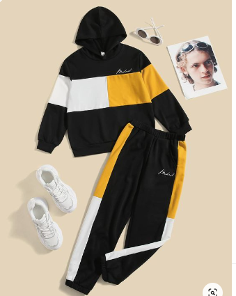Kids Thick Fleece Hooded Tracksuit – Trendy Black, White & Mustard Colorblock Winter Sweatshirt and Jogger Set