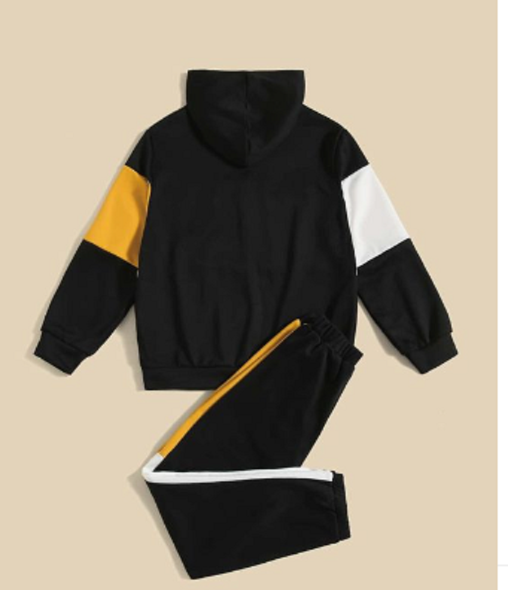 Kids Thick Fleece Hooded Tracksuit – Trendy Black, White & Mustard Colorblock Winter Sweatshirt and Jogger Set
