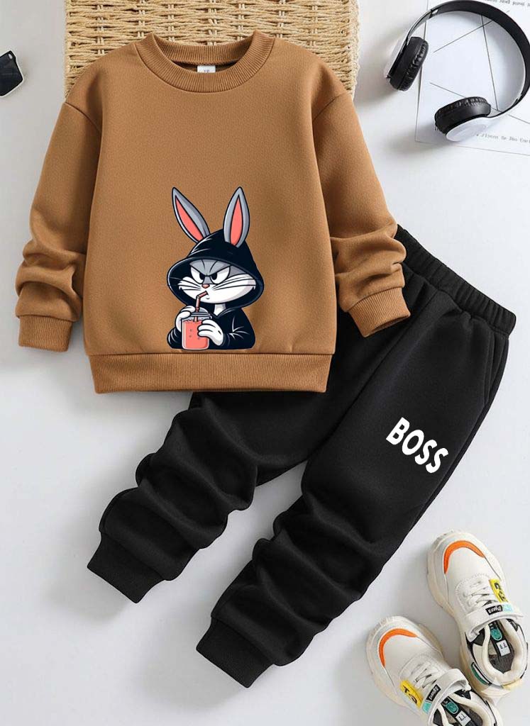 2 pcs “Cool Bunny Boss” Kids Tracksuit – Winter Casual Sweatshirt & Joggers Set