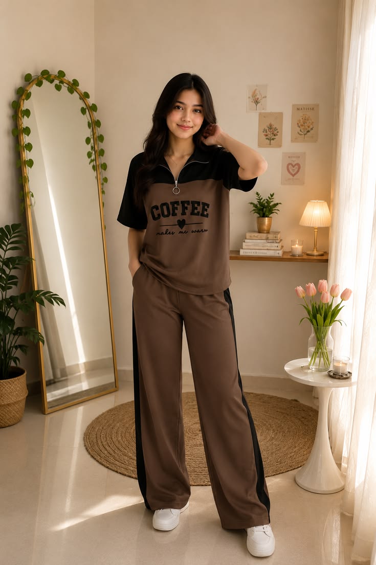 Women’s Summer Tracksuit 2 Piece Set – Coffee Printed Half Sleeve T-Shirt & Wide Leg Trouser | Stylish Casual Lounge & Everyday Wear