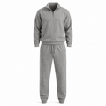 Men's plain grey fleece tracksuit with quarter-zip top and matching joggers