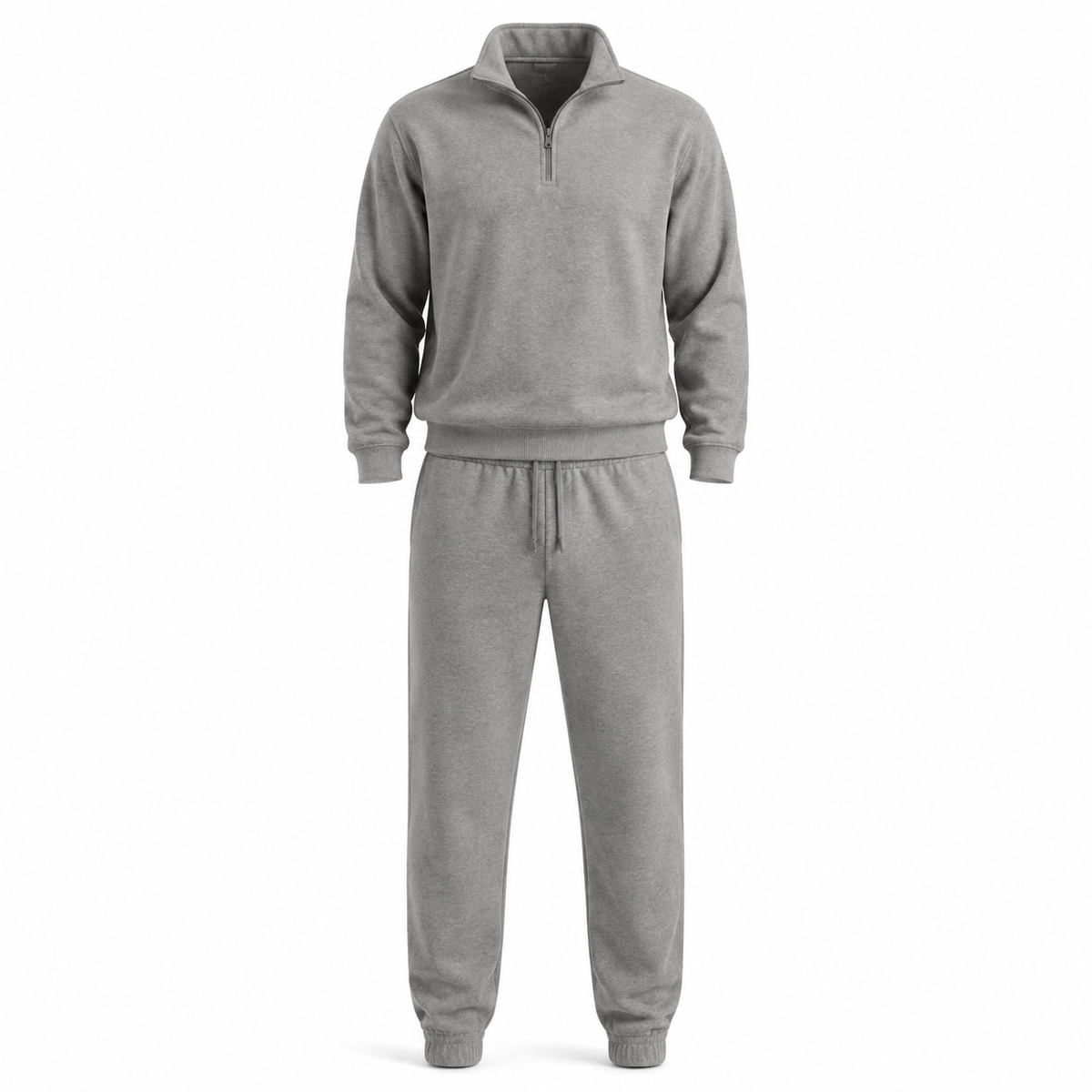 Men's plain grey fleece tracksuit with quarter-zip top and matching joggers